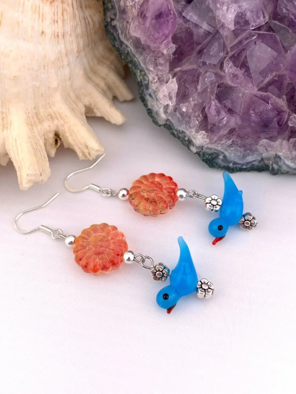 BLUEBIRD Orange Flower Lampwork Glass Bead Handmade Earrings LR213